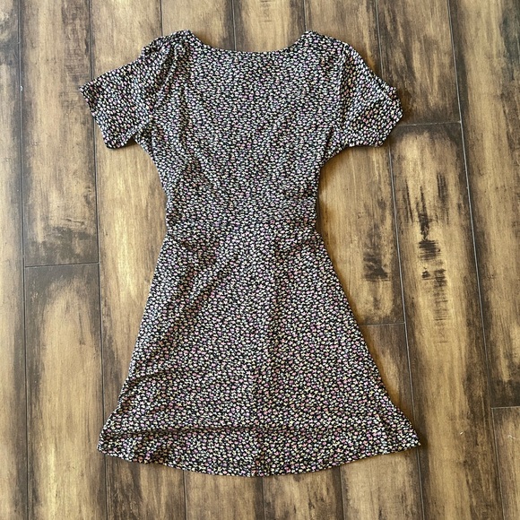 Floral Wrap-Style V-Neck Dress in Black with Pink & Cream Flowers - Picture 2 of 3